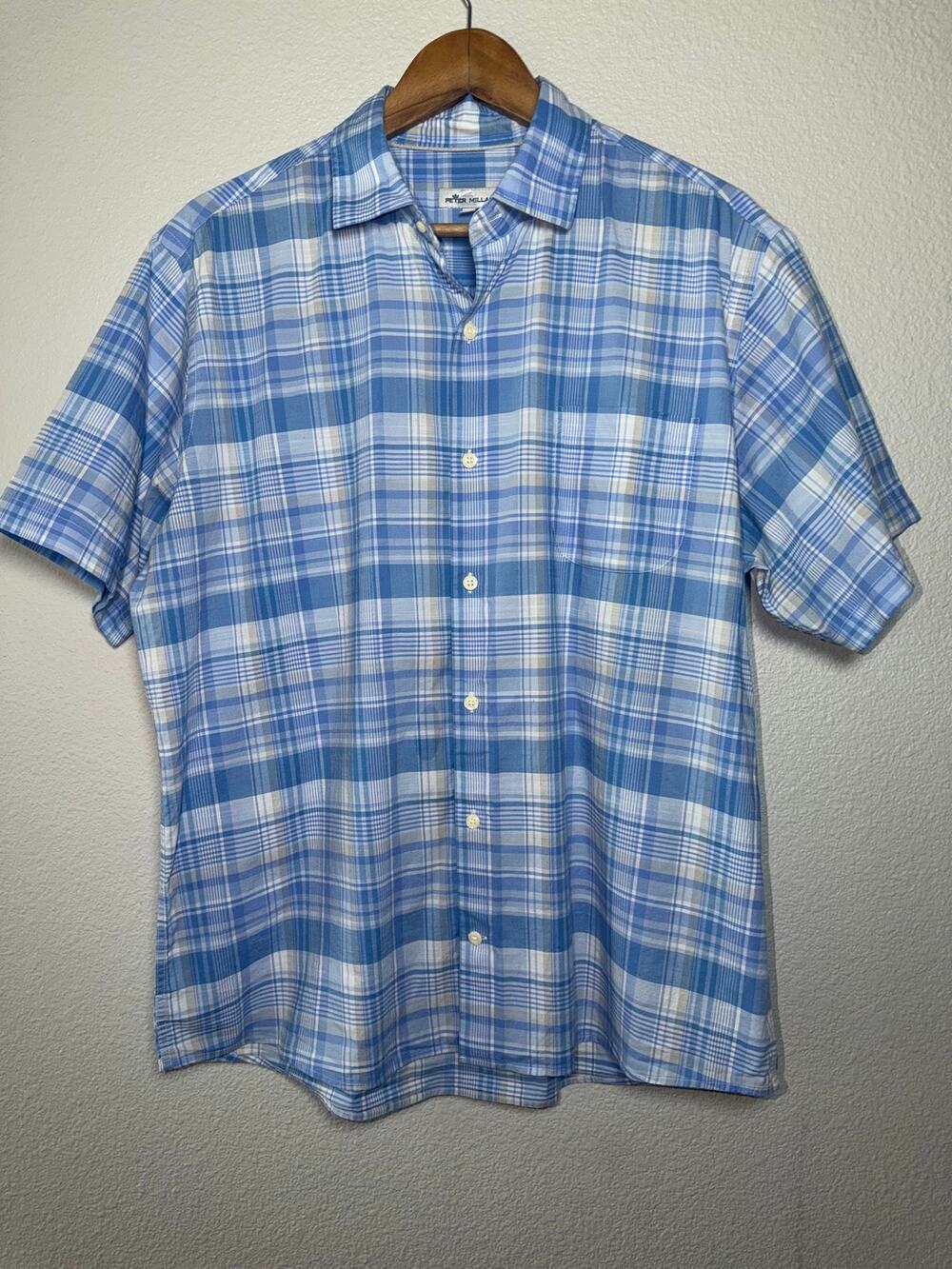 Peter Millar Blue Plaid Short Sleeve Button Front Shirt Size Large